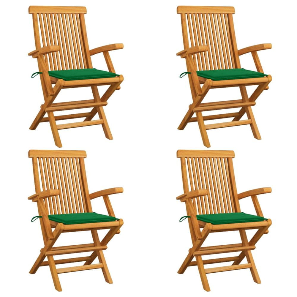 Vidaxl Záhradné stoličky, zelené podložky 4 ks, tíkový masív
